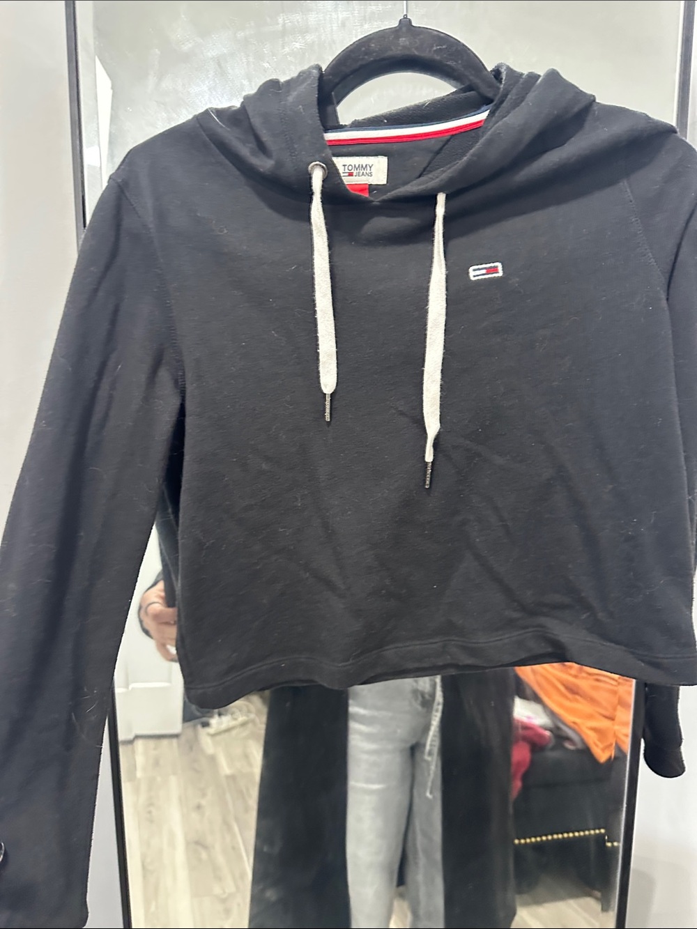 Tommy Hilfiger Black Cropped Hoodie with White Drawstrings